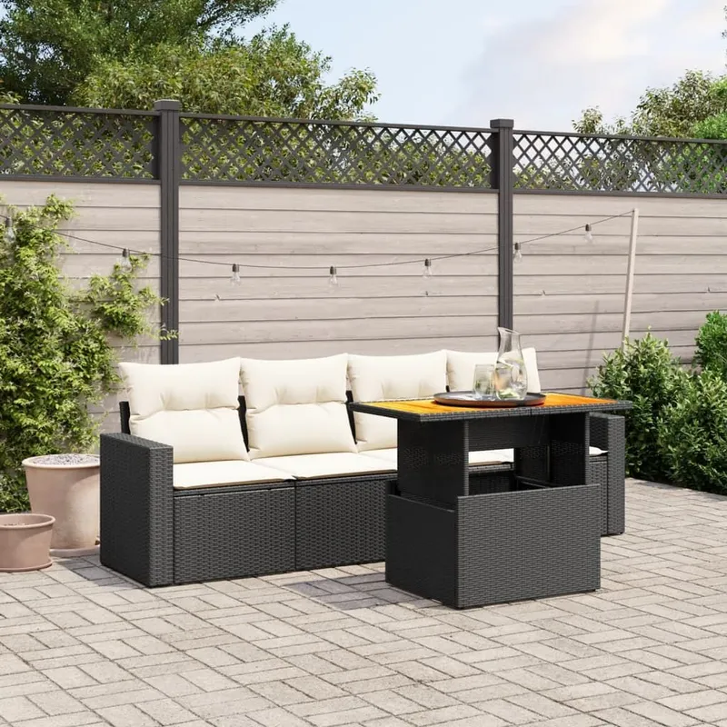 5-tlg. garden sofa set with cushions black Poly Rattan