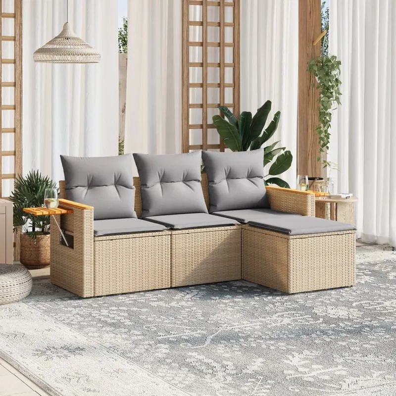 4-tlg. garden sofa set with cushions Beige Poly Rattan