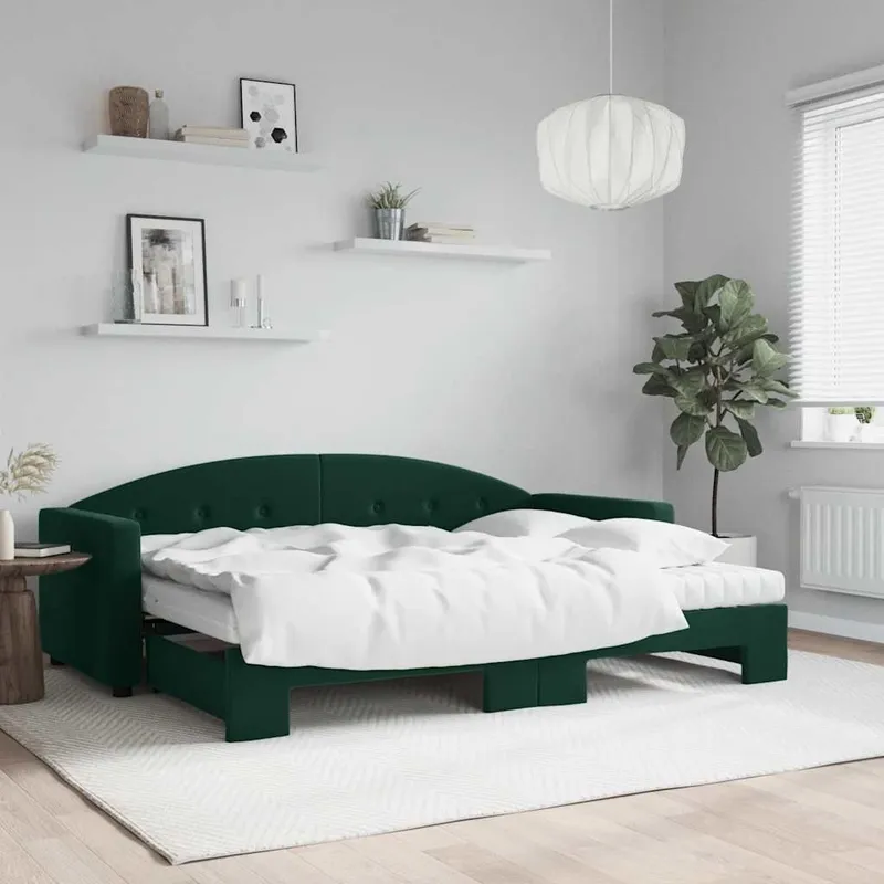 Lit de jour avec gigogne et matelas vert foncé 80x200cm velours