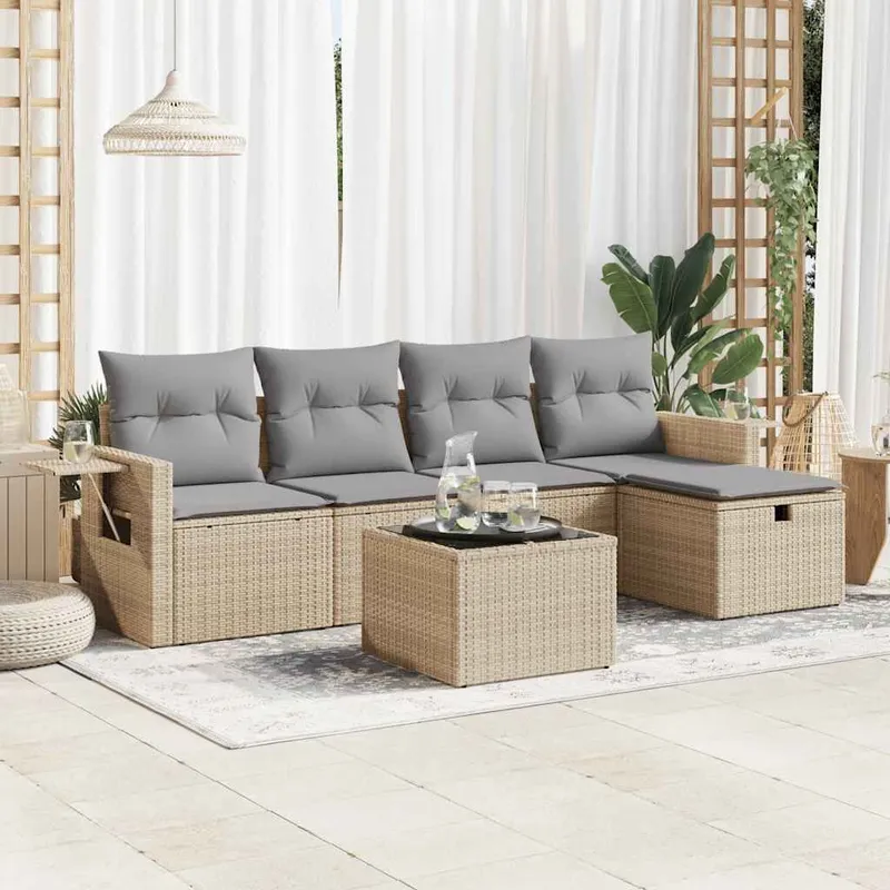 6-tlg. set divano da giardino con cuscini Beige Poly Rattan