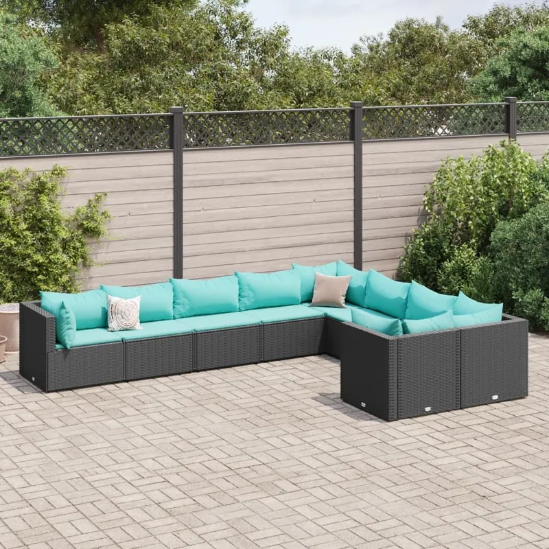 9-tlg. Garten-Sofagarnitur mit Kissen Schwarz Poly Rattan