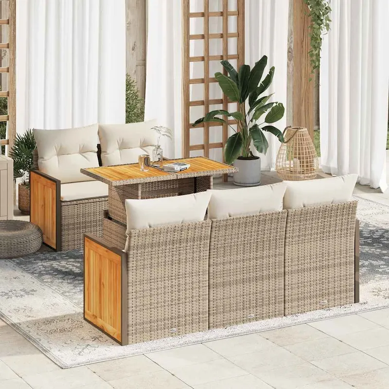 6-tlg. set divano da giardino con cuscini Beige Poly Rattan Akazie
