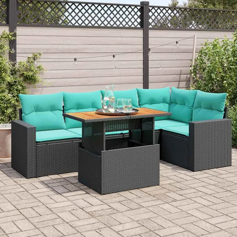 6-tlg. garden sofa set with cushions black Poly Rattan