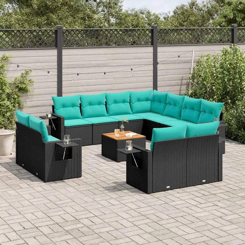 12-teiliges Gartensofa-Set mit Kissen, schwarzes Polyrattan