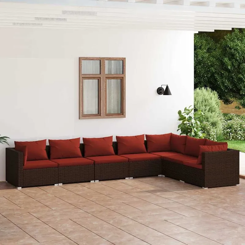 7-tlg. Garten-Lounge-Set mit Kissen Poly Rattan marrone