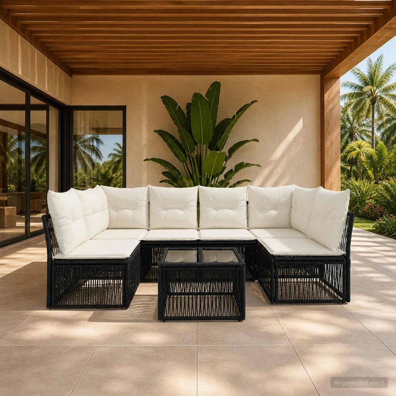 Set divano giardino 7 pezzi, nero polirattano