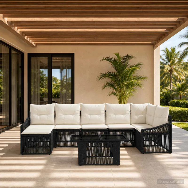 set divano da giardino 8 pz. nero e bianco crema polyrattan