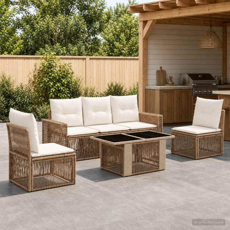 set divano da giardino 6 pz. beige e bianco crema polyrattan