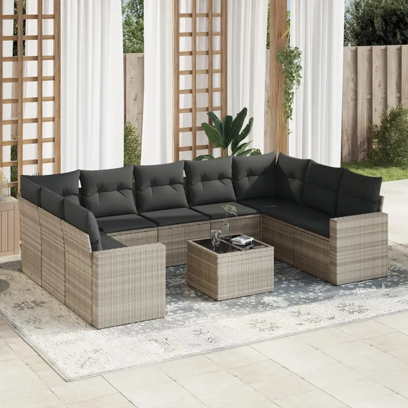 10-tlg. set divano da giardino con cuscini Hellgrau Poly Rattan