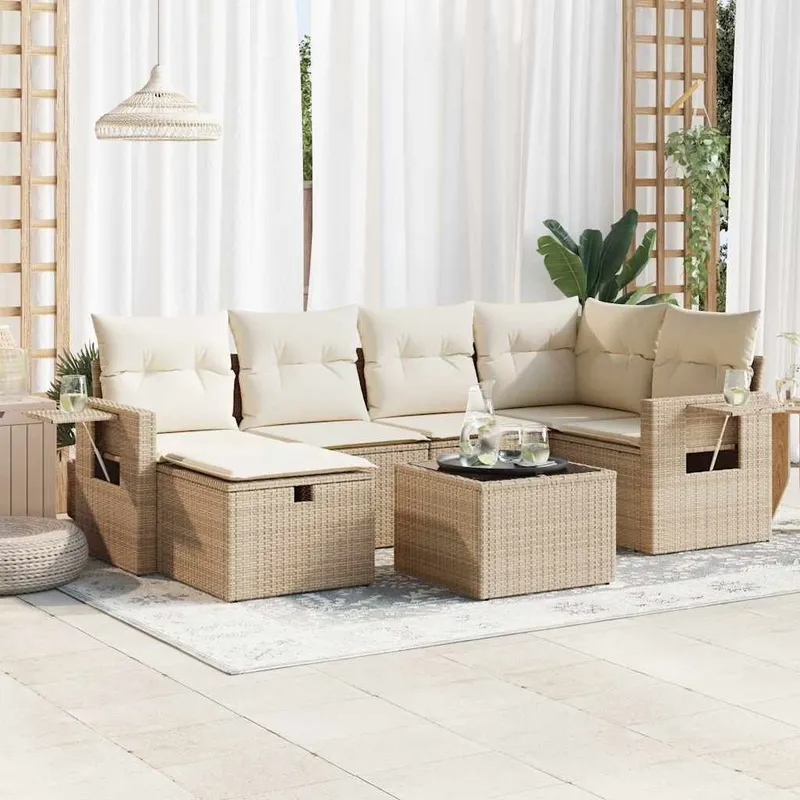 7-tlg. garden sofa set with cushions Beige Poly Rattan