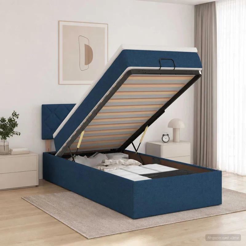 Lit coffre avec matelas et LED Bleu 90 x 200 cm Tissu