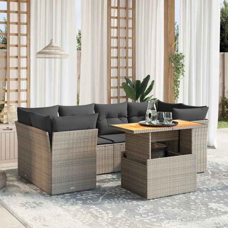 Salon de jardin avec coussins 7 pcs gris résine tressée