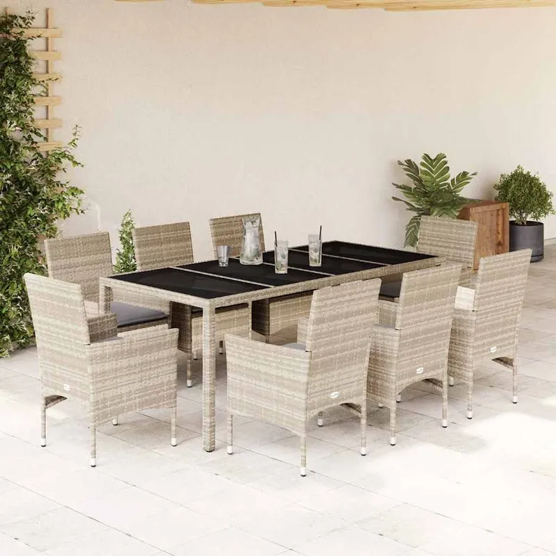 9-tlg. Garten-Essgruppe mit Kissen Hellgrau Poly Rattan & Glas