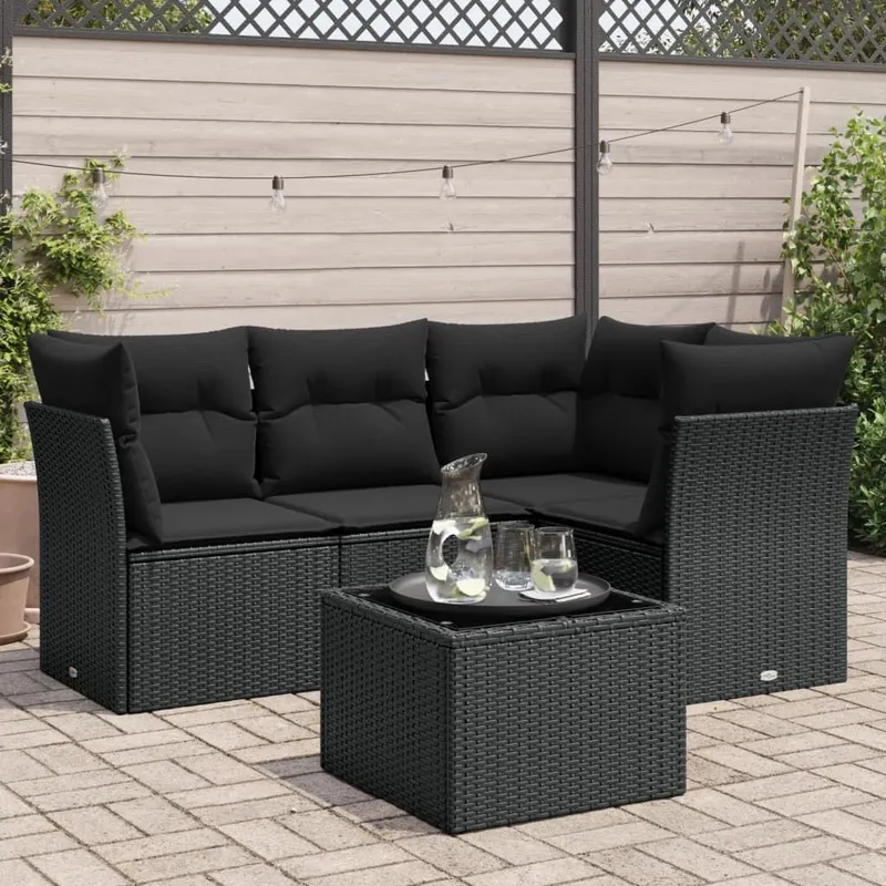 5-tlg. set divano da giardino con cuscini nero Poly Rattan