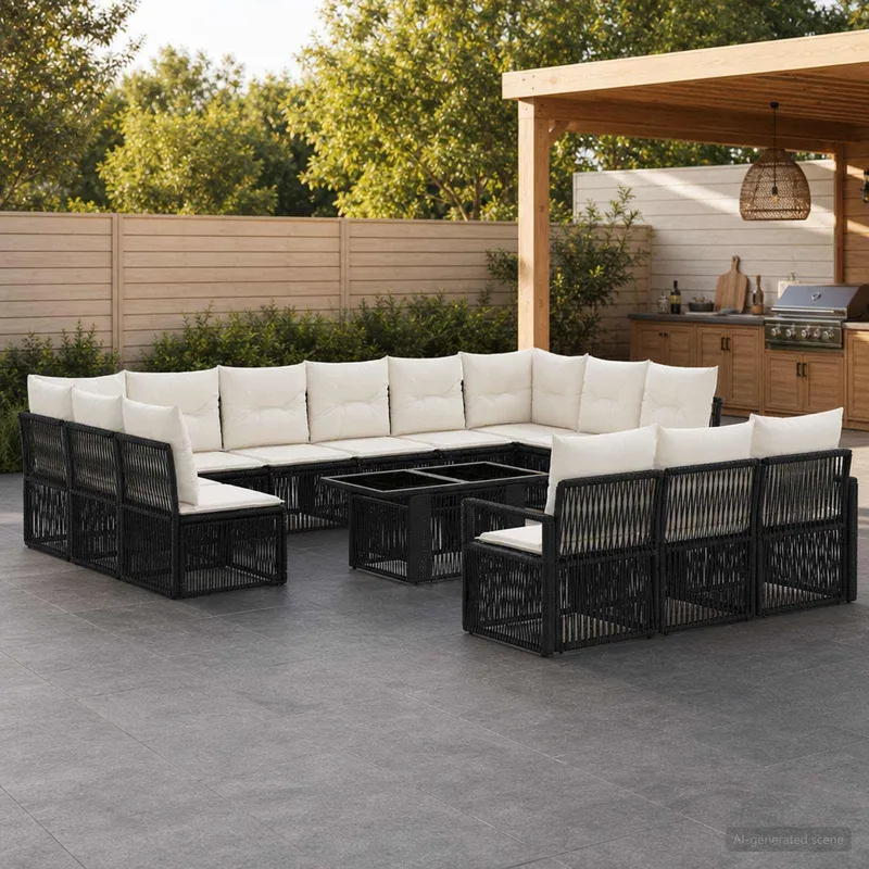 Gartensofa-set 14 stk. Schwarz und Cremeweiß Poly-Rattan