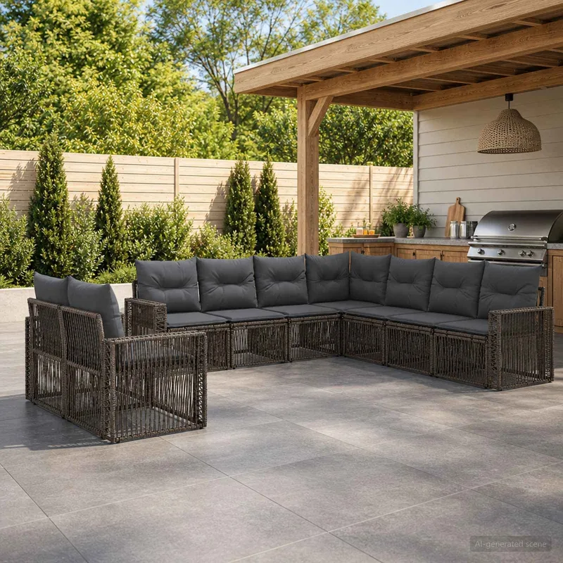 set divano da giardino 9 pz. grigio e grigio scuro polyrattan