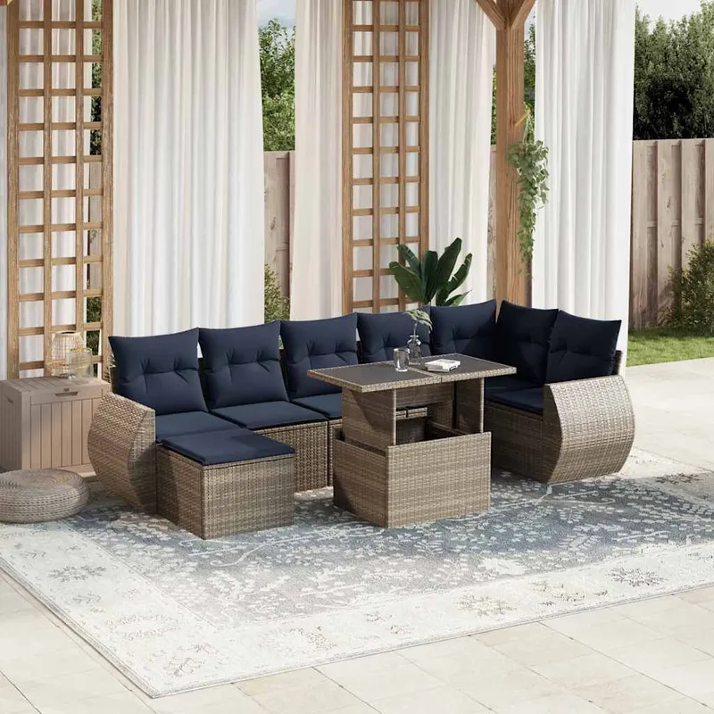 8 pezzi set divano da giardino con cuscini, grigio, polyrattan