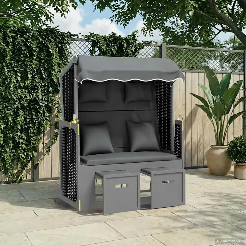 Strandkorb mit Kissen Poly Rattan Massivholz Anthrazit Schwarz