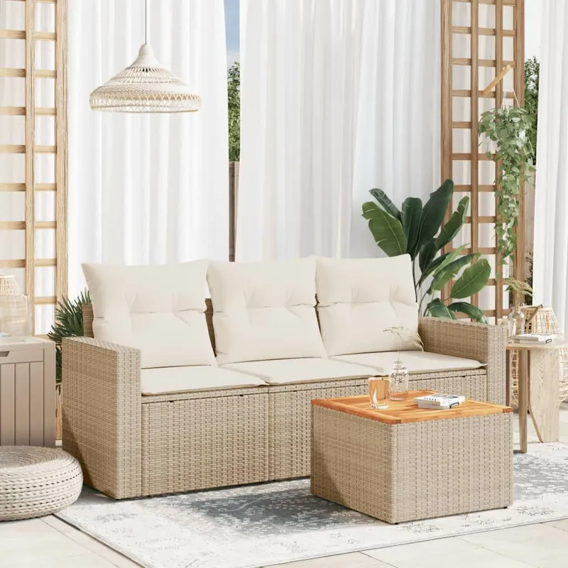 4-tlg. garden sofa set with cushions Beige Poly Rattan