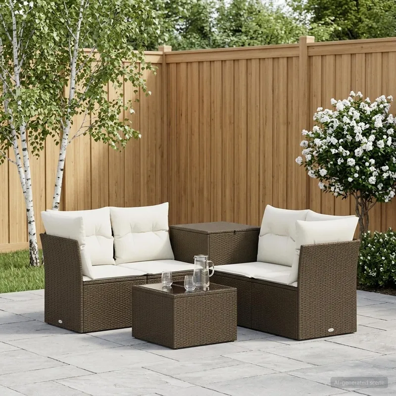 divano Set 6 pz. marrone e crema bianco polyrattan e acciaio
