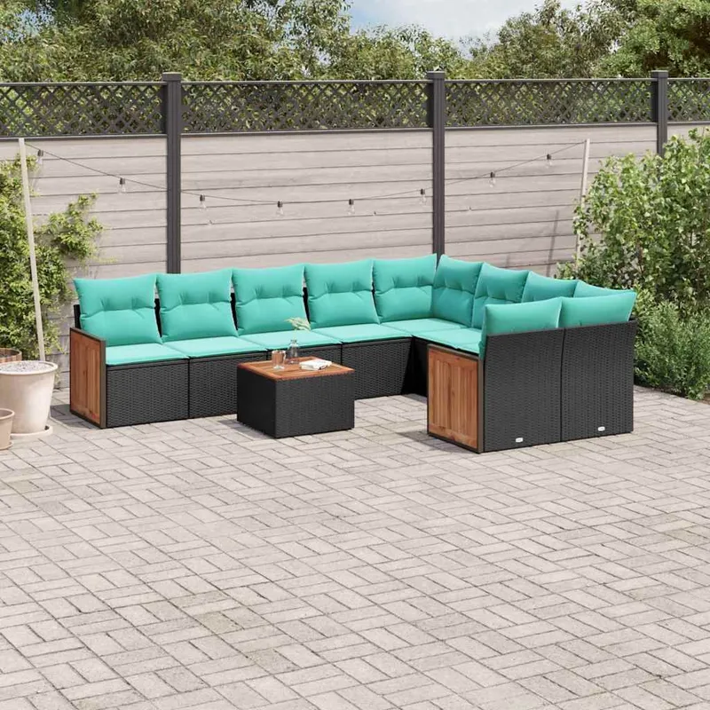10-teiliges Gartensofa-Set mit Kissen, schwarzes Polyrattan