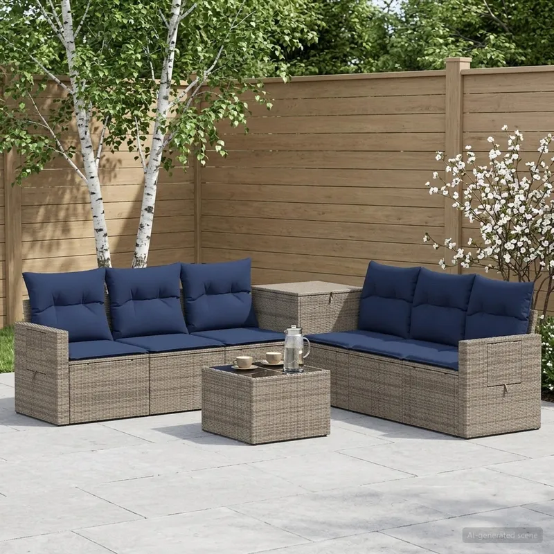 divano Set 8 pz. grigio e Marineblau polyrattan e acciaio