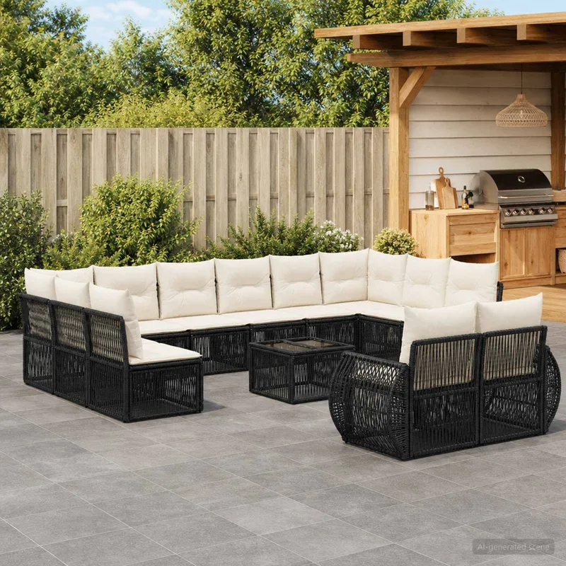 Gartensofa-set 13 stk. Schwarz und Cremeweiß Poly-Rattan