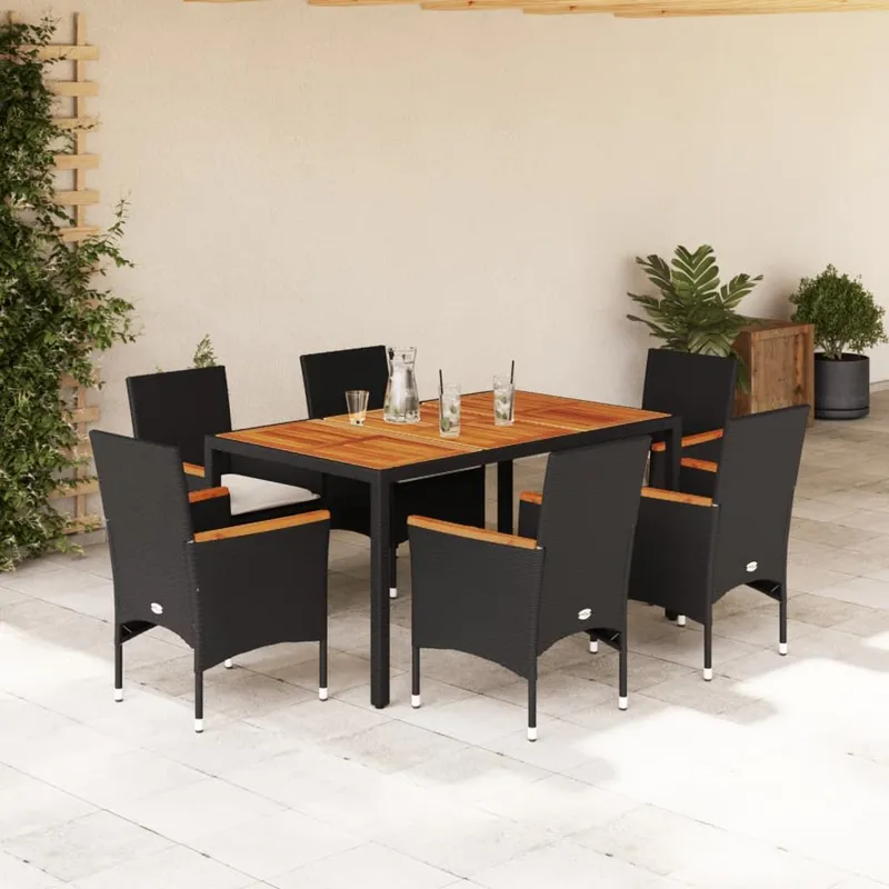 7-tlg. Garten-Essgruppe mit Kissen nero Poly Rattan Akazie