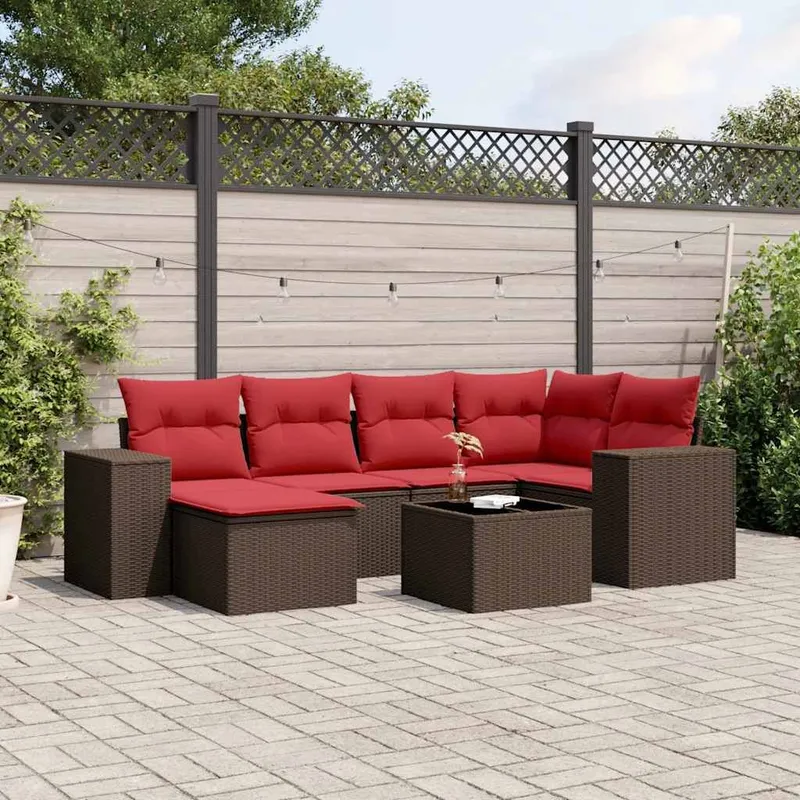 7-teiliges Gartensofa-Set mit Kissen, braun, Polyrattan
