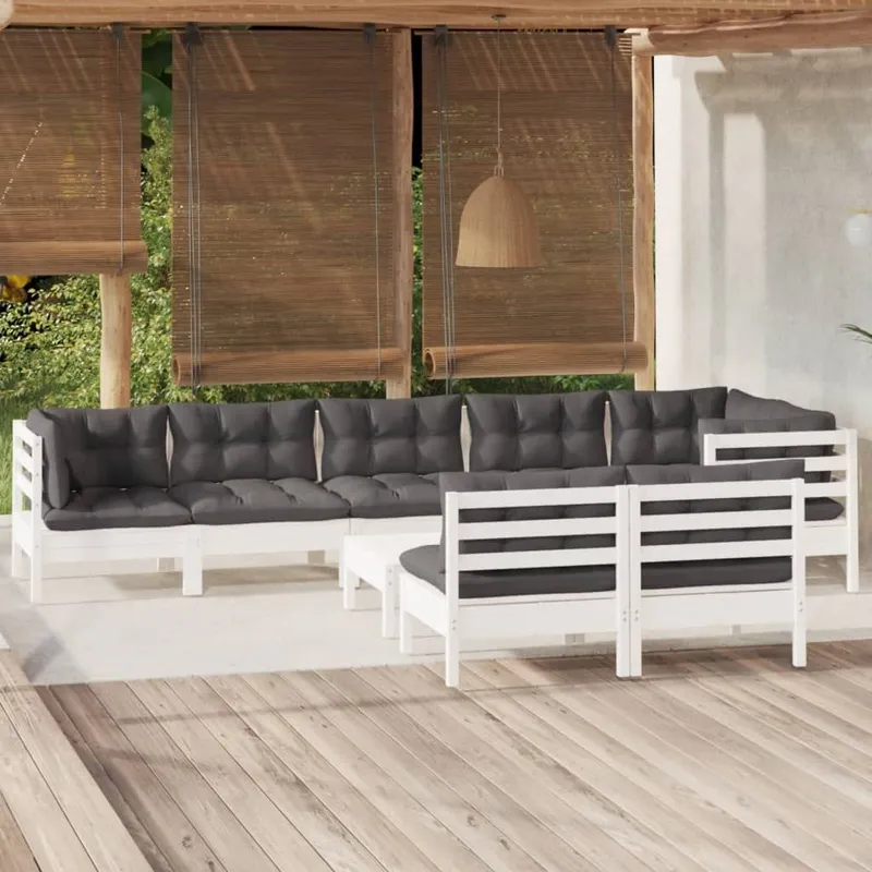 9-tlg. Garten-Lounge-Set mit Kissen bianco Kiefer Massivholz
