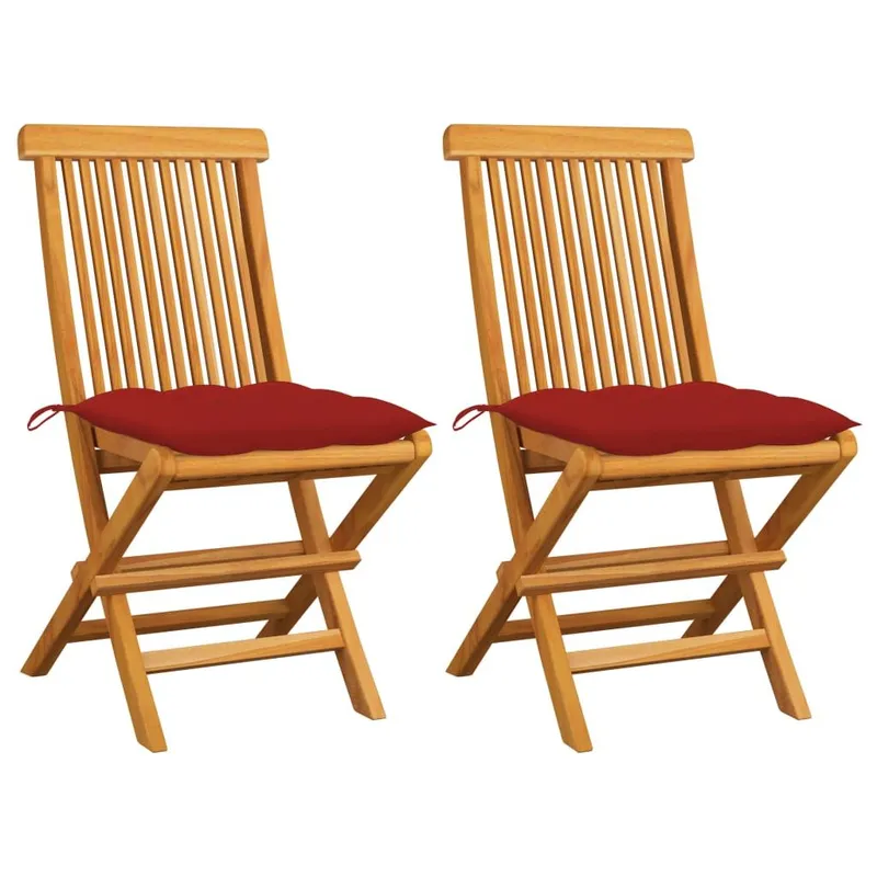 Klappstühle mit roten Kissen, 2 pezzi, Massivholz Teakholz