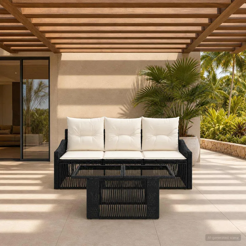 set divano da giardino 4 pz. nero e bianco crema polyrattan