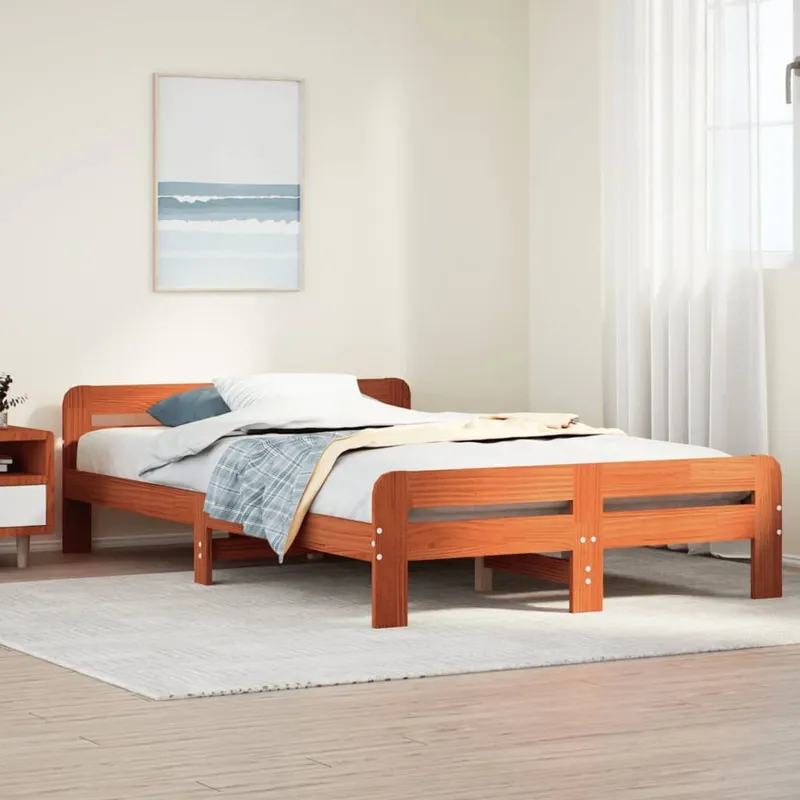 Letto in Legno Massello di Pino senza Materasso, Marrone Cera, 135x190 cm