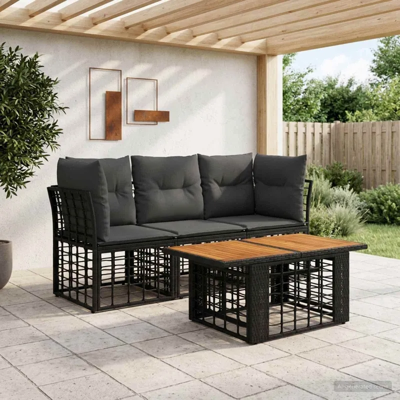 set divano da giardino 4 pz. nero e grigio scuro polyrattan