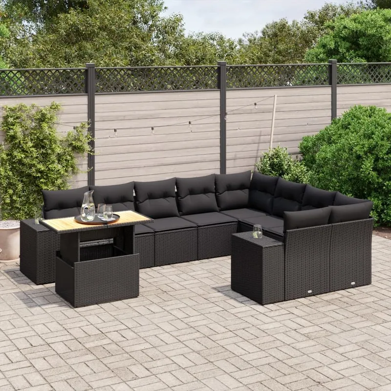 10-tlg. set divano da giardino con cuscini nero Poly Rattan