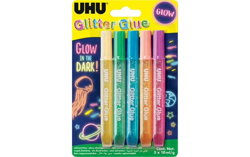 UHU Bastelkleber Glitter Glue Glow 5 x 10 ml