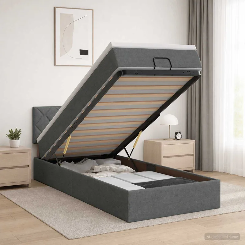 Ottoman-Bett mit Matratze und LED Dunkelgrau 90 x 190 cm Stoff