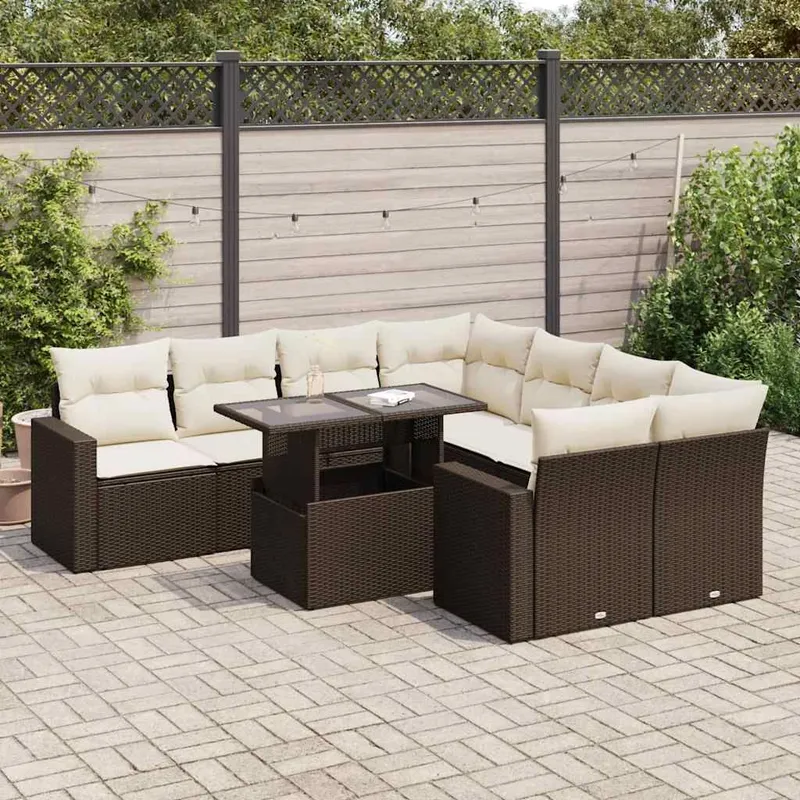 9-tlg. garden sofa set with cushions brown Poly Rattan