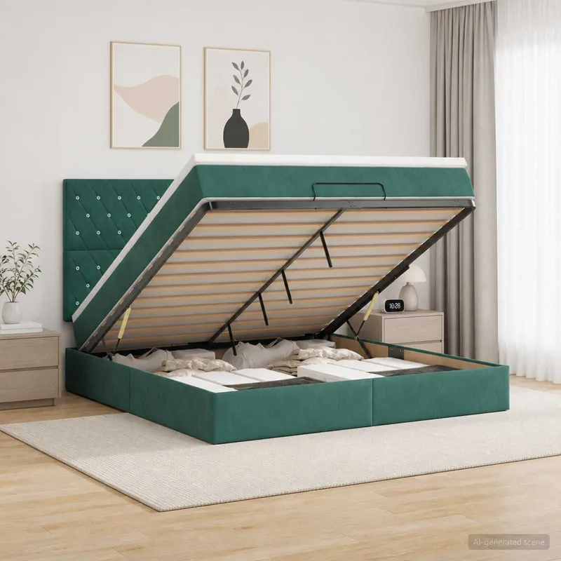 Ottoman Bett mit Matratze Dunkelgrün 140 x 190 cm Samt