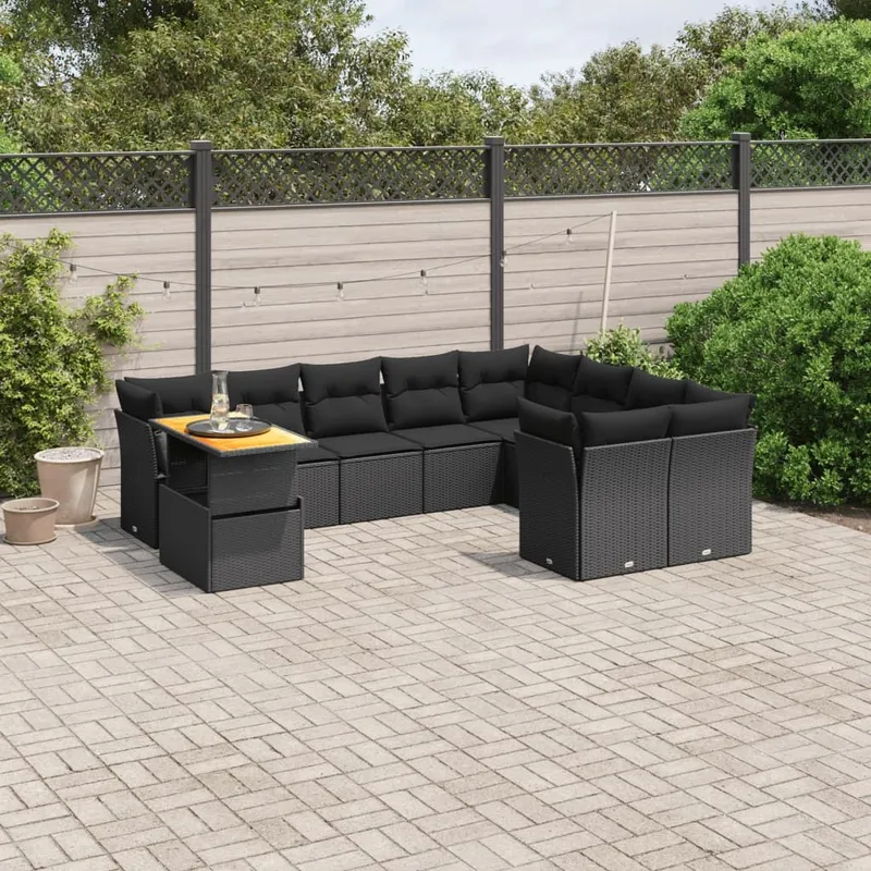 10-tlg. garden sofa set with cushions black Poly Rattan