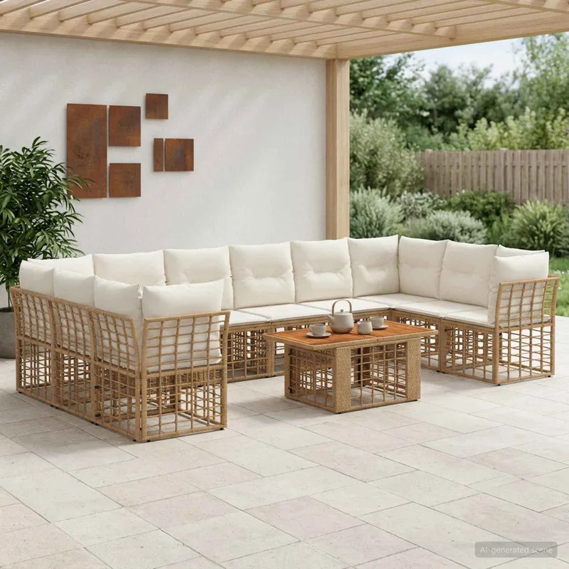 Ensemble de canapé de jardin 11 pc Blanc Naturel et Crème