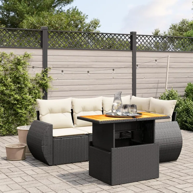 5-tlg. set divano da giardino con cuscini nero Poly Rattan