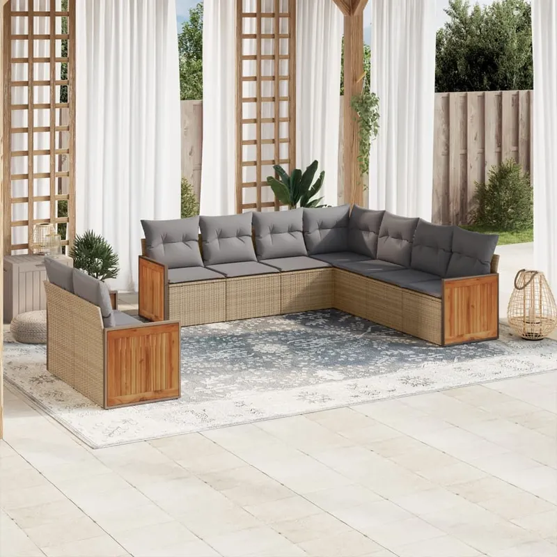 9-tlg. set divano da giardino con cuscini Beige Poly Rattan
