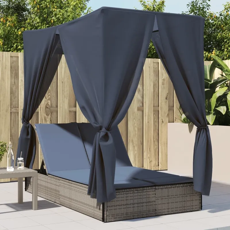 Chaise longue double avec toit et rideaux gris résine tressée