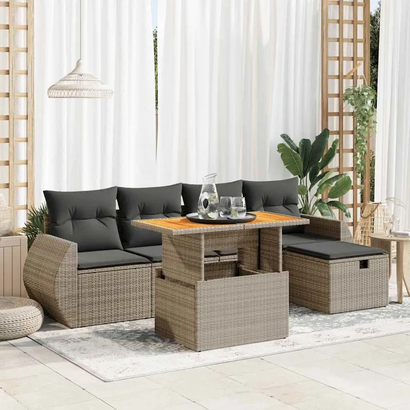 6-tlg. set divano da giardino con cuscini grigio Poly Rattan Akazie