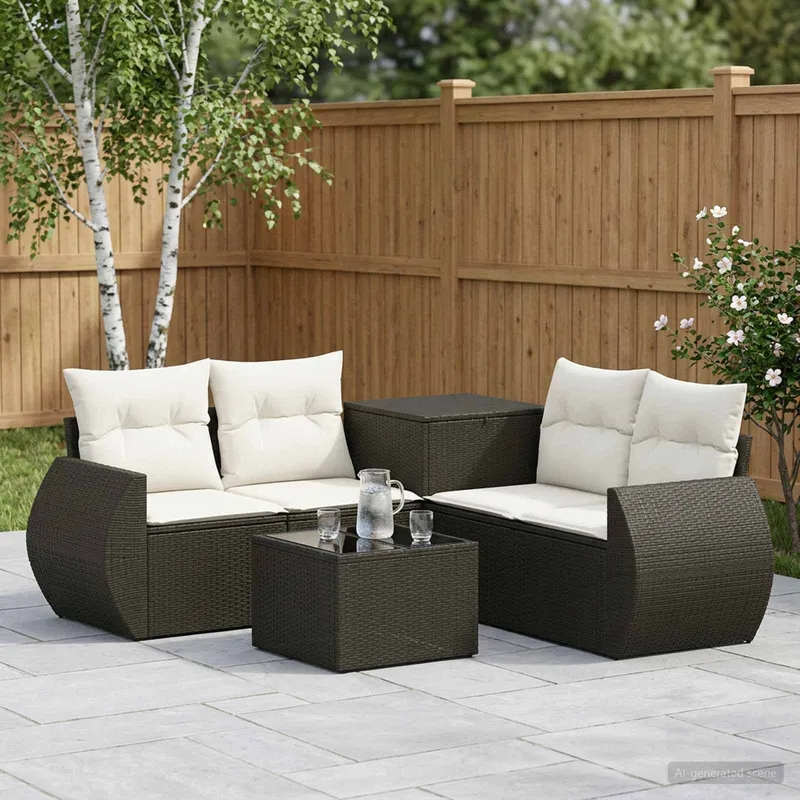 Sofa Set 6 stk. Schwarz und Cremeweiß Polyrattan und Stahl