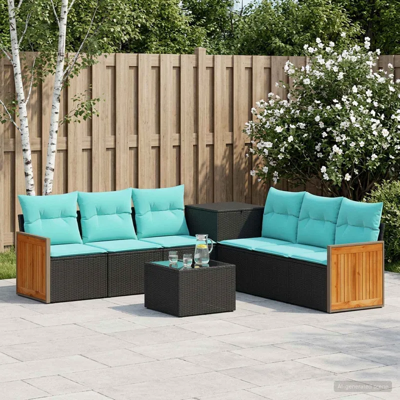 Sofa Set 8 stk. Schwarz und Blau Polyrattan und Stahl