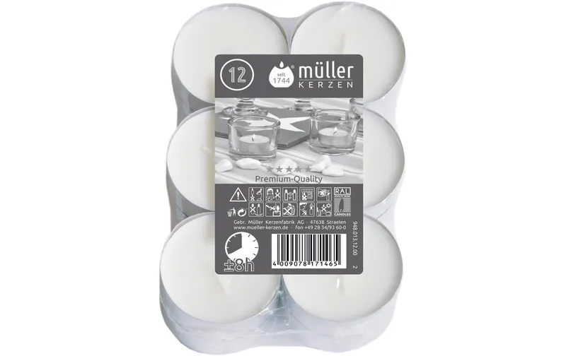 müller Kerzen Teelichter in Aluhülse 5.5 x 2.2 cm, white, 12 pieces