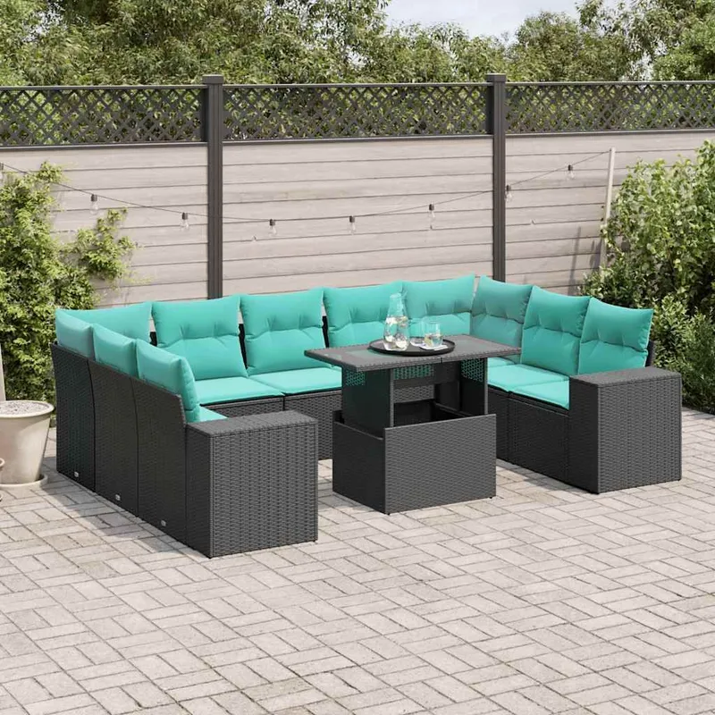 10-teiliges Gartensofa-Set mit Kissen, schwarzes Polyrattan