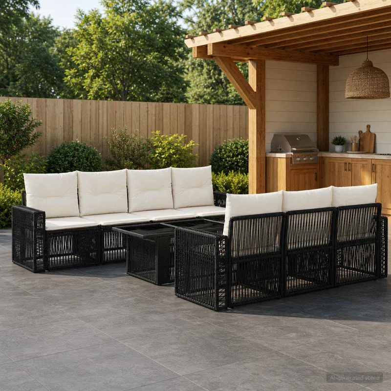 Gartensofa-set 8 stk. Schwarz und Cremeweiß Poly-Rattan